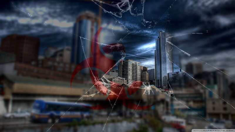 Biohazard Symbol over City — Red