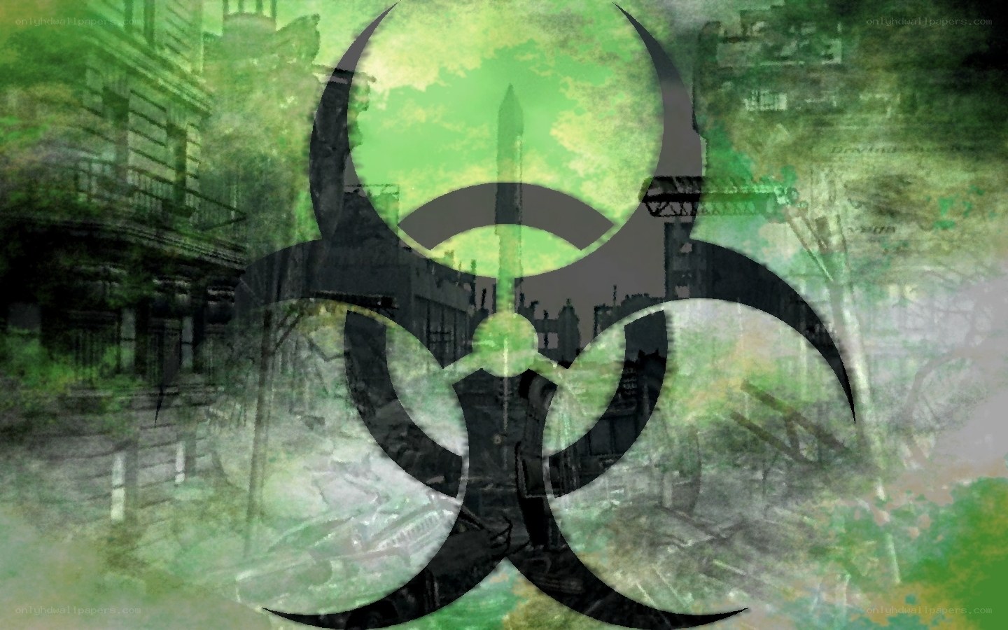 Biohazard symbol over ruins