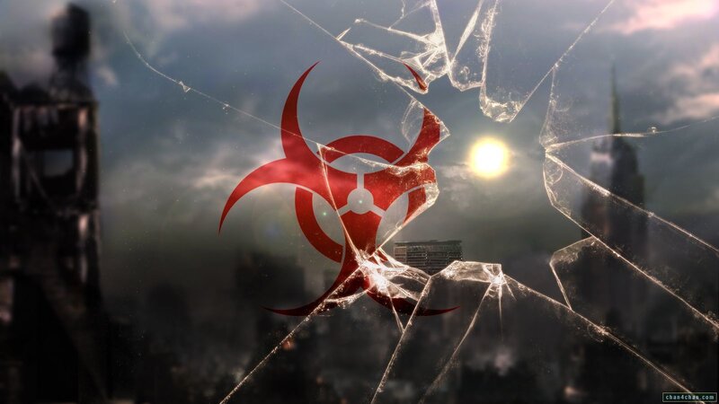 Biohazard symbol over shattered glass