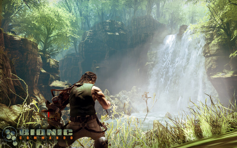 Bionic Commando character near waterfall