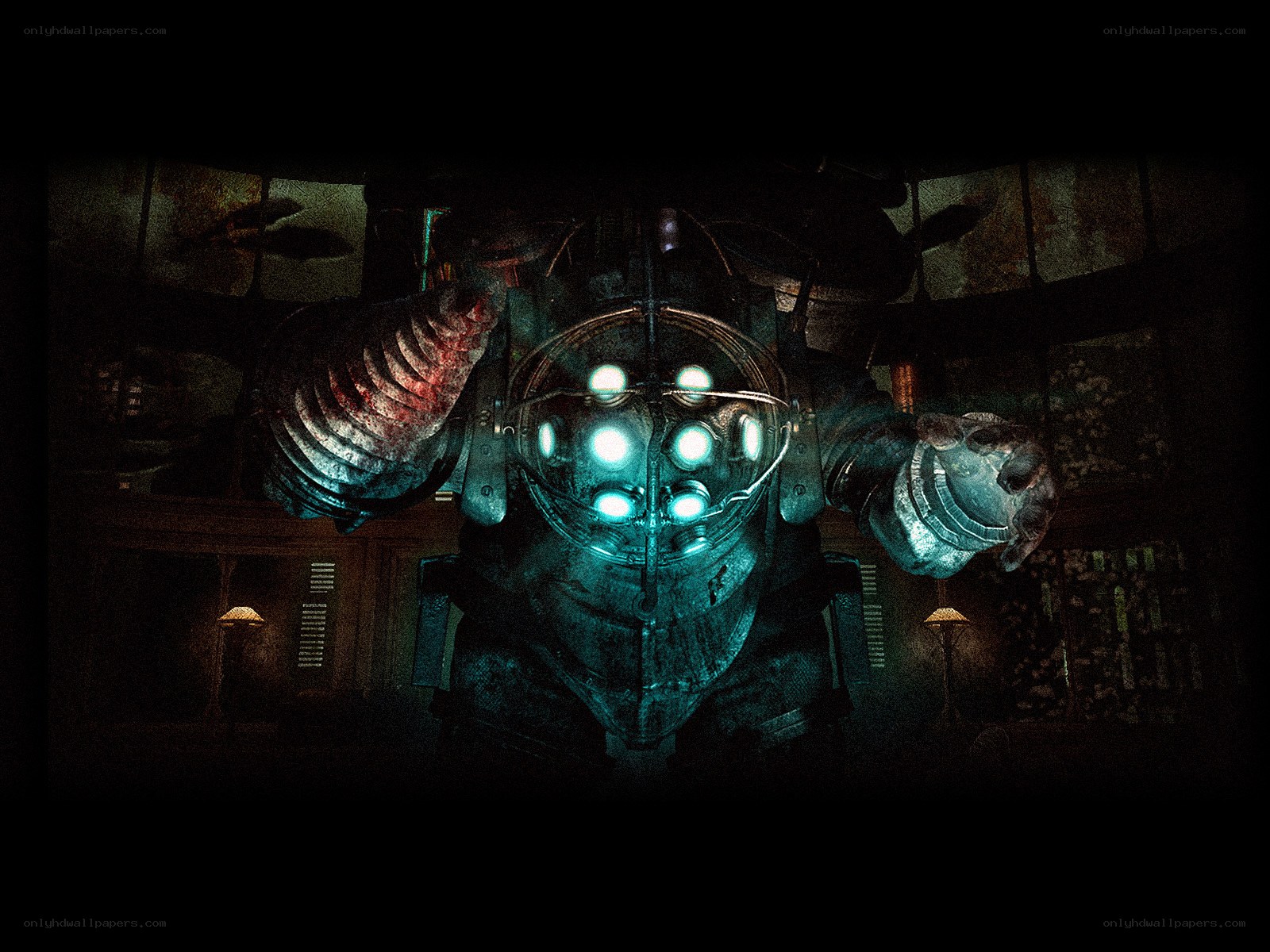 BioShock Big Daddy in dark corridor