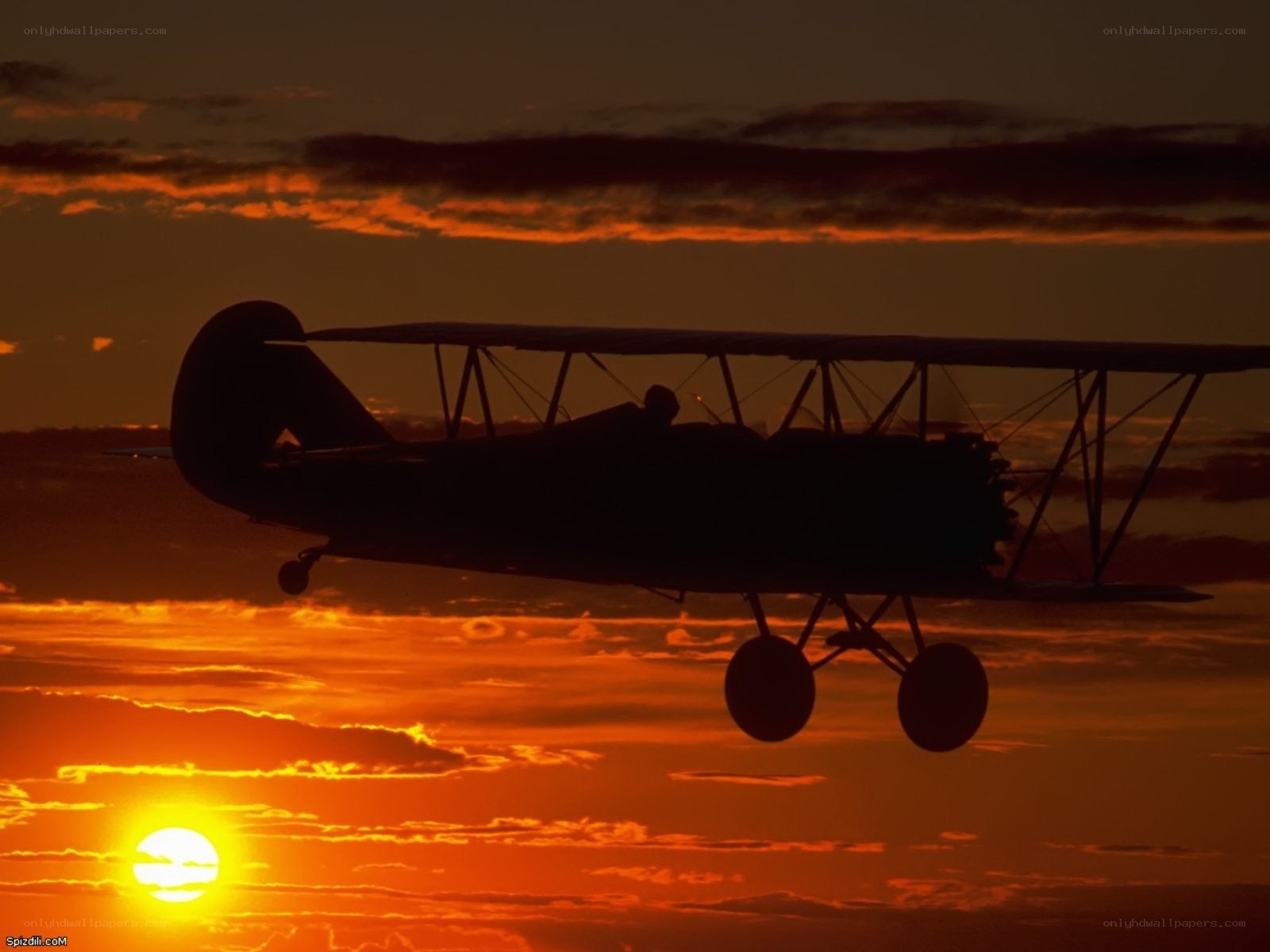 Biplane at sunset silhouette