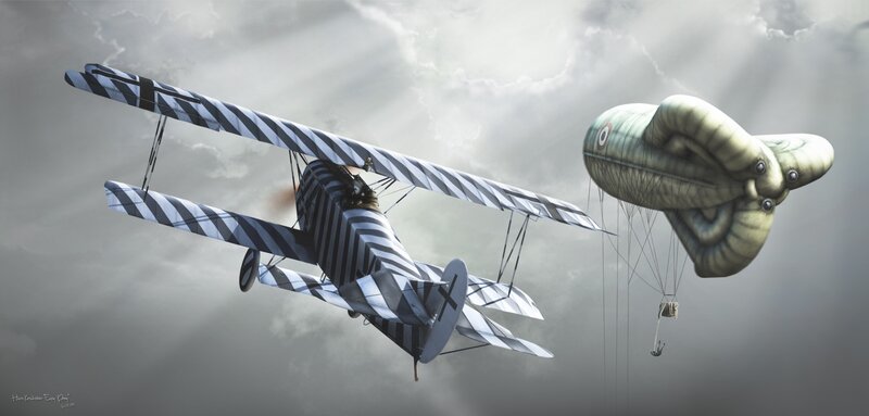 Biplane attacking barrage balloon