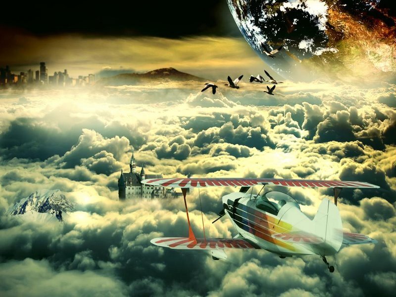 Biplane Flying Above Clouds — White