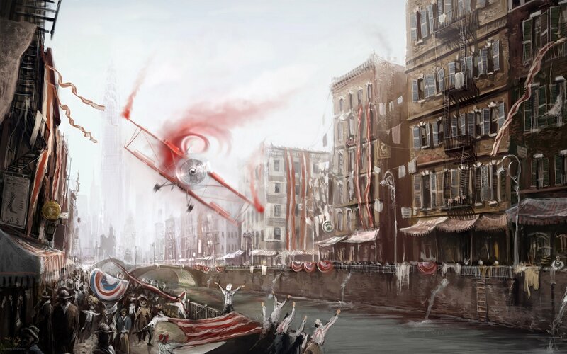 Biplane Flying over City
