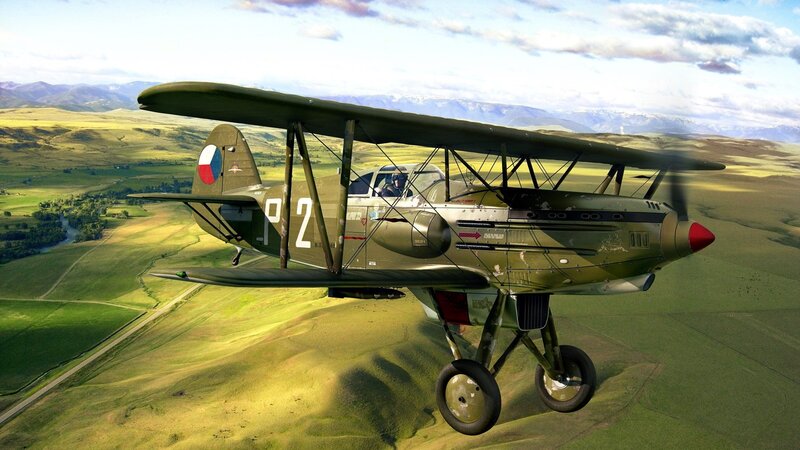 Biplane Flying over Fields — Green, Serene