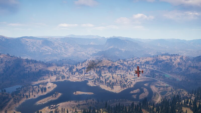 Biplane Flying over Lake