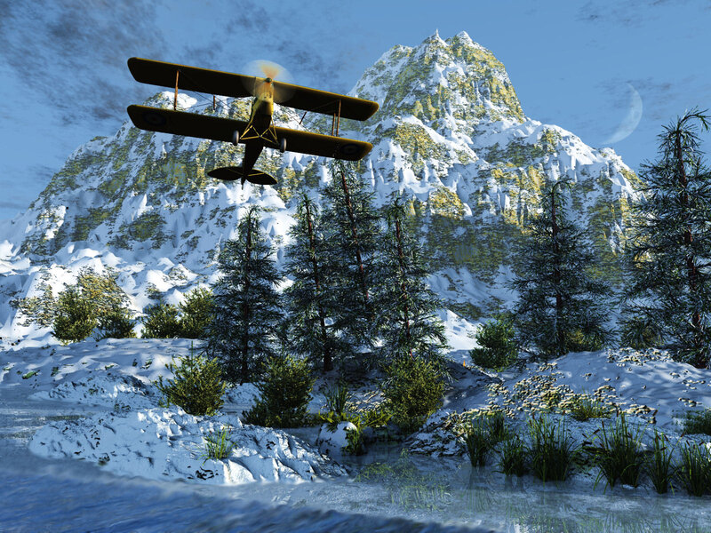 Biplane Flying over Mountains — Blue
