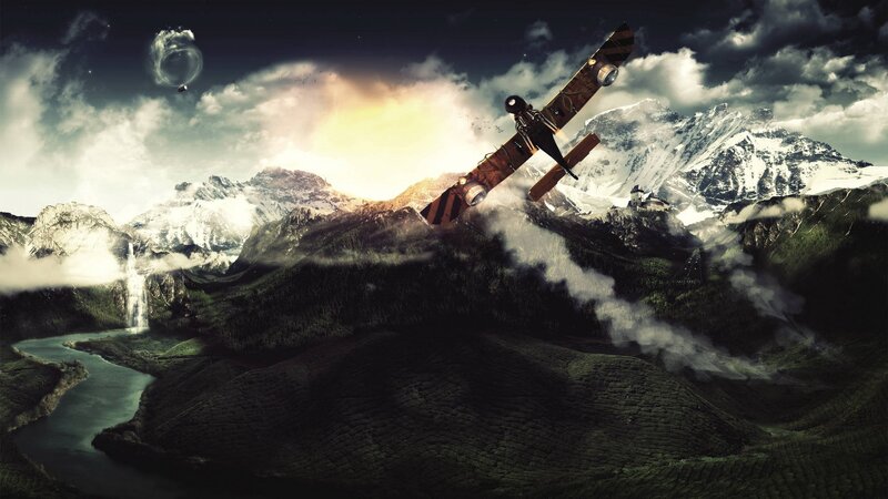 Biplane Flying over Mountains — Green