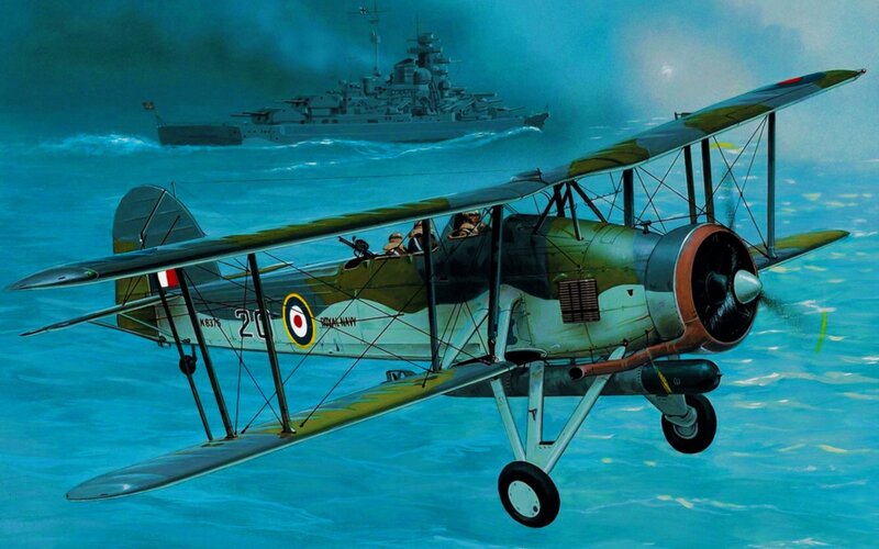 Biplane Flying over Ocean — Blue, Dramatic, Illustration