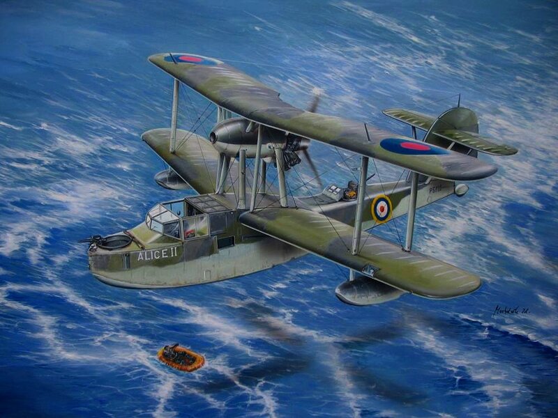 Biplane Flying over Ocean — Blue