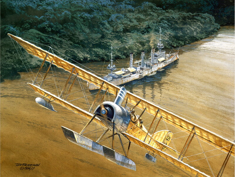 Biplane Flying over Ship