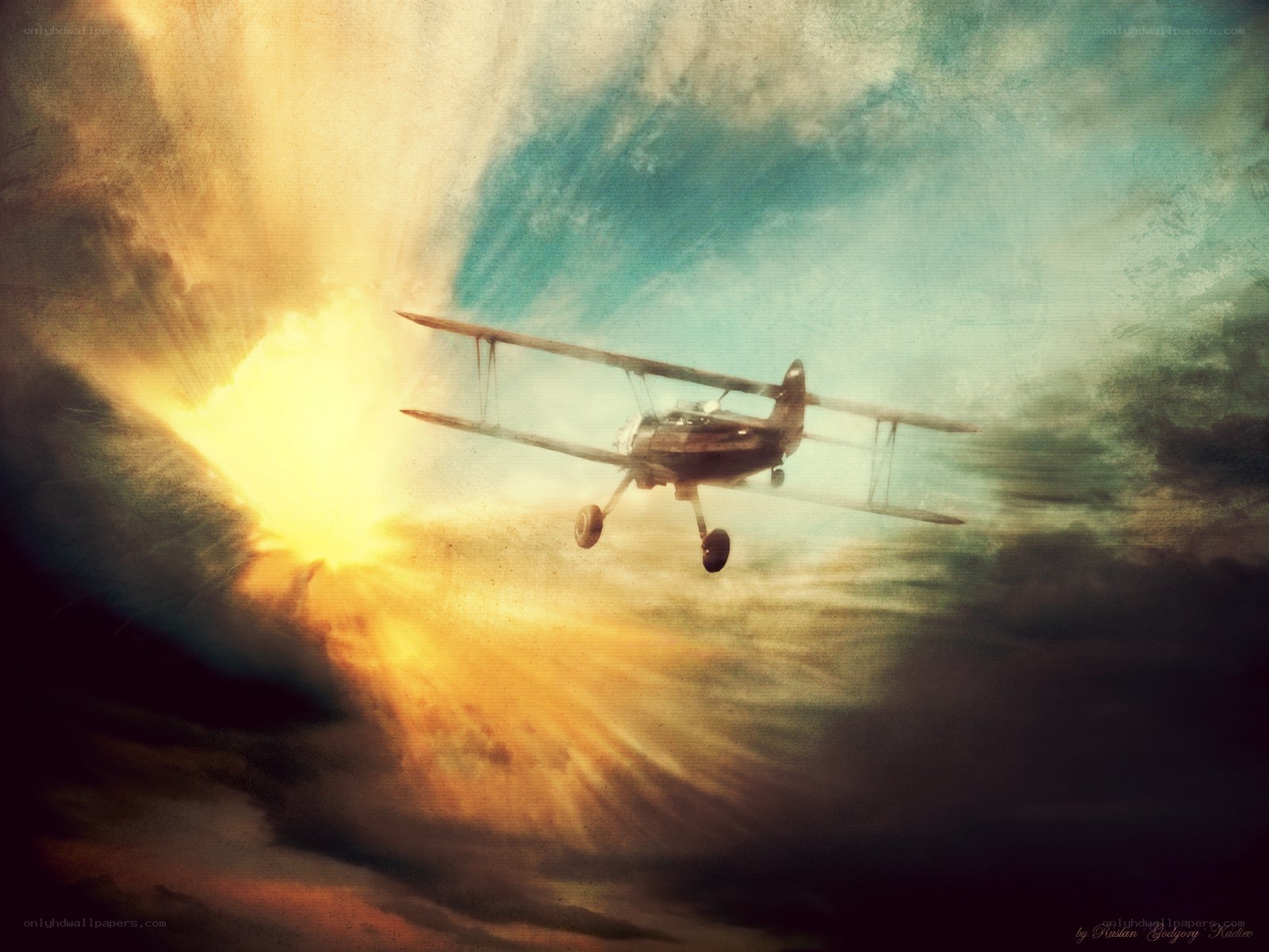 Biplane flying through stormy sky