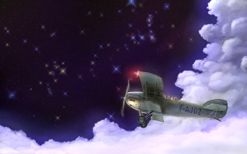 Biplane in Clouds — Purple