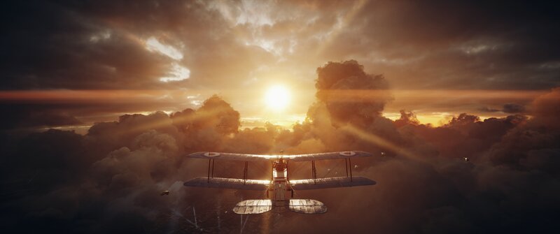 Biplane in Cloudy Sky — Orange