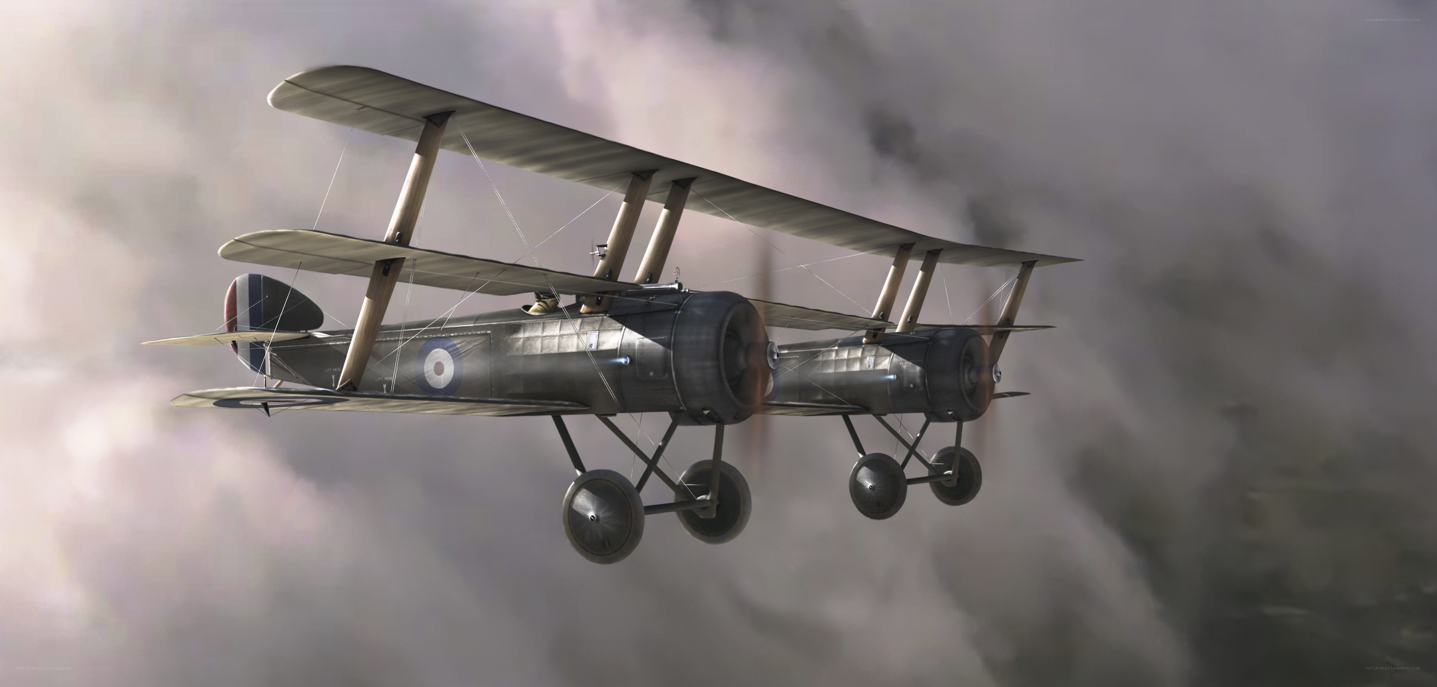 biplane in cloudy sky