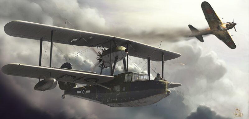 Biplane in Combat — Gray