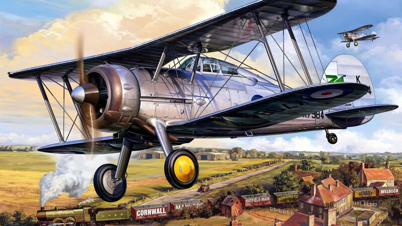 Biplane in Flight — Blue, Dramatic