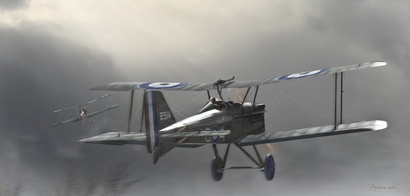 Biplane in Flight — Gray, Dramatic, Digital Art