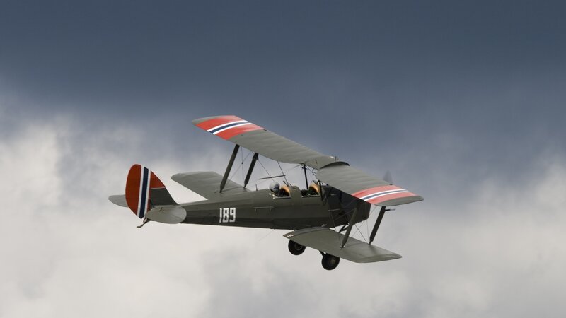 Biplane in Flight — Gray, Dramatic, Photograph, Aircraft