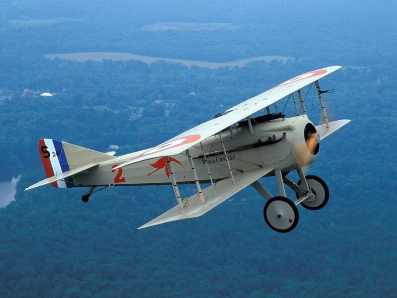 biplane in flight over forest