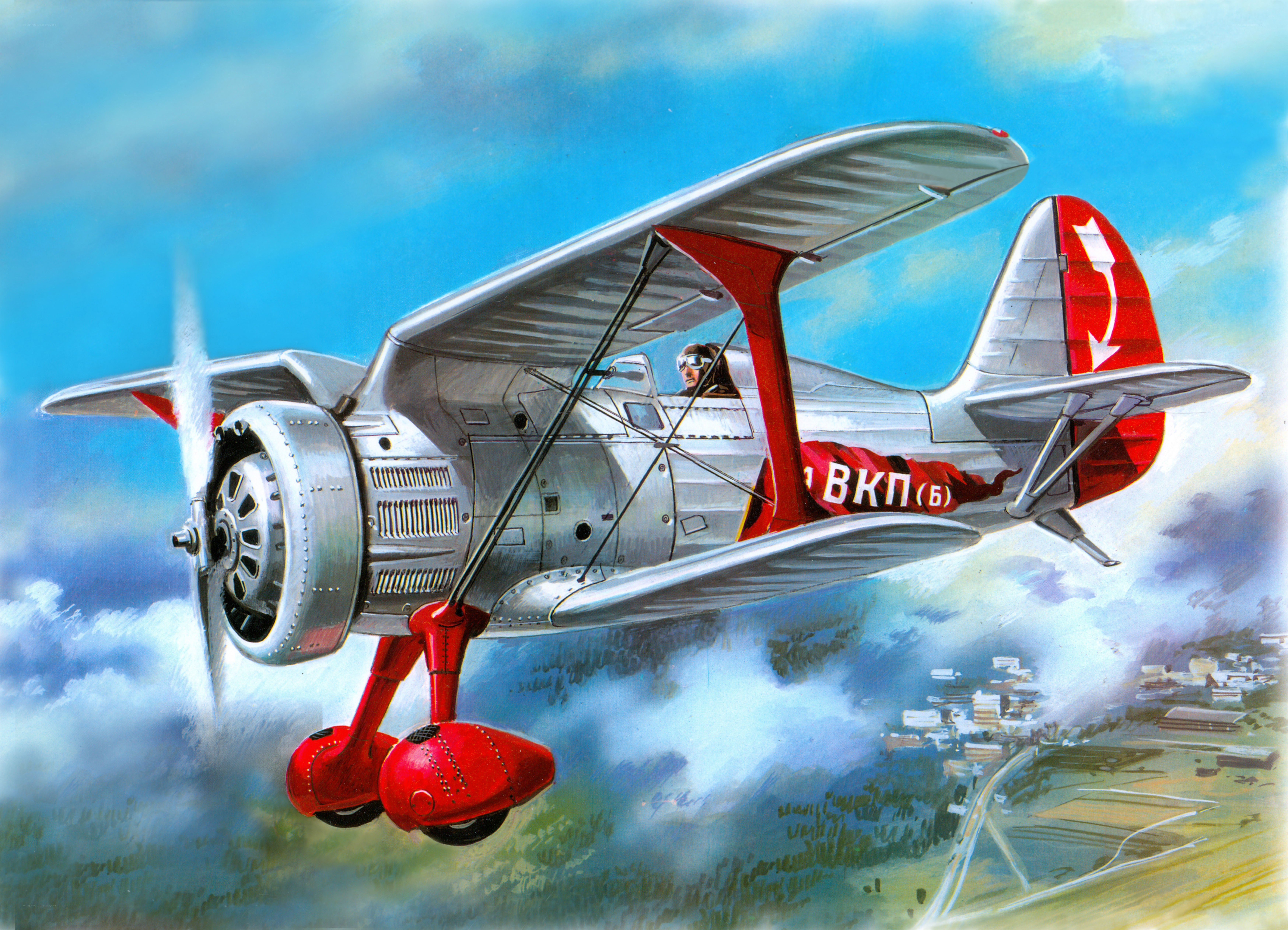 Biplane in flight over landscape