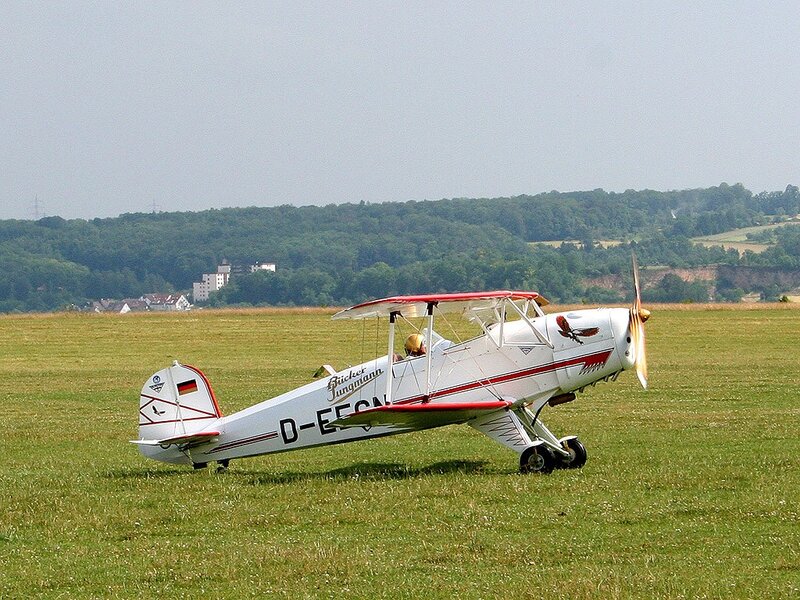 Biplane on Grass Field — Green, Calm, Afternoon, Photograph, Aircraft