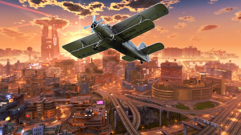 biplane over city at sunset