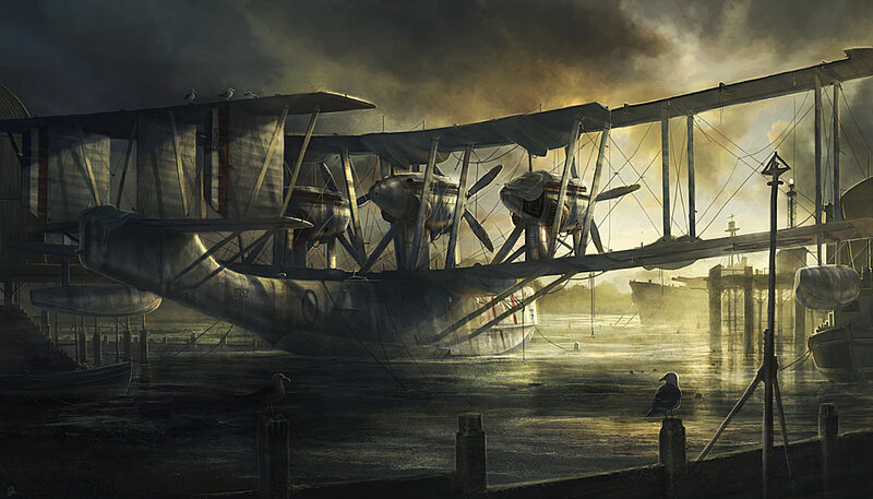 Biplane Seaplane at Dock — Gray, Dramatic
