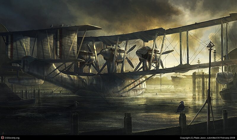 Biplane Seaplane at Dock — Gray