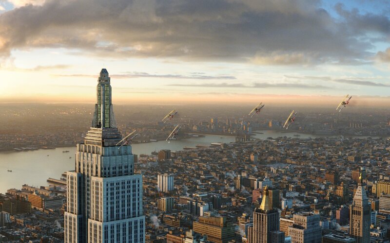 Biplanes over City — Gray, Dramatic
