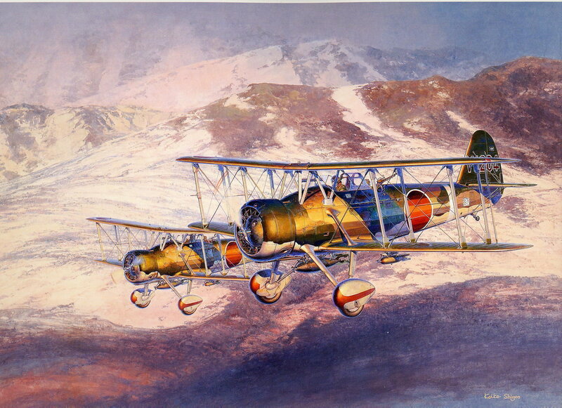 Biplanes over snowy mountains