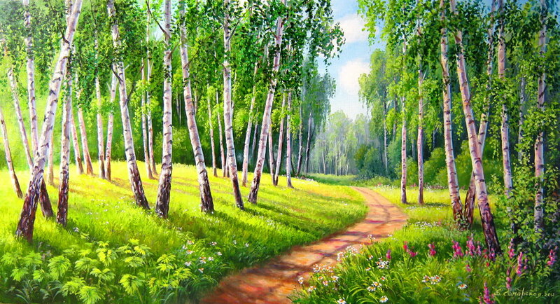 Birch Forest Path — Green, Serene, Afternoon, Painting