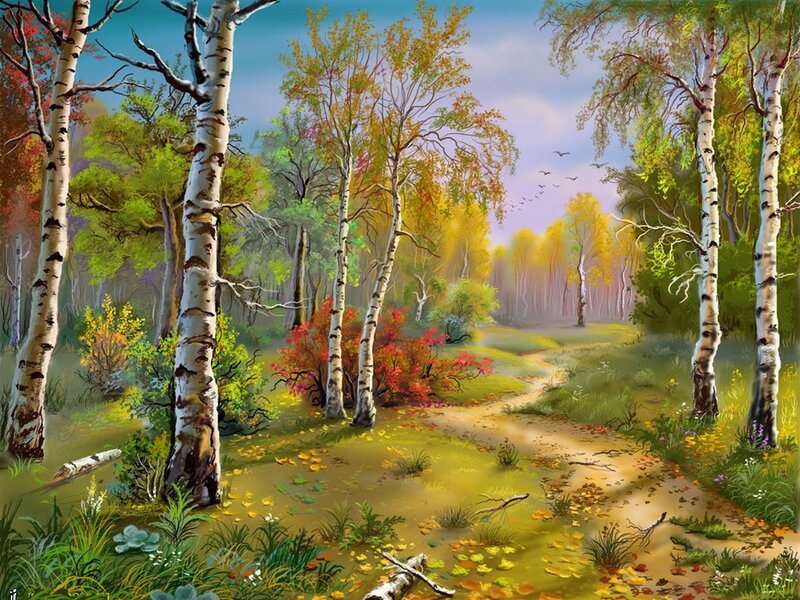 Birch Forest Path — Green, Serene, Autumn, Painting