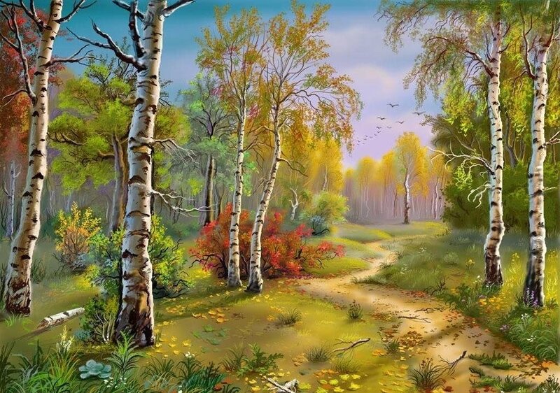 Birch Forest Path — Green, Serene, Autumn, Painting, Trees, Birds