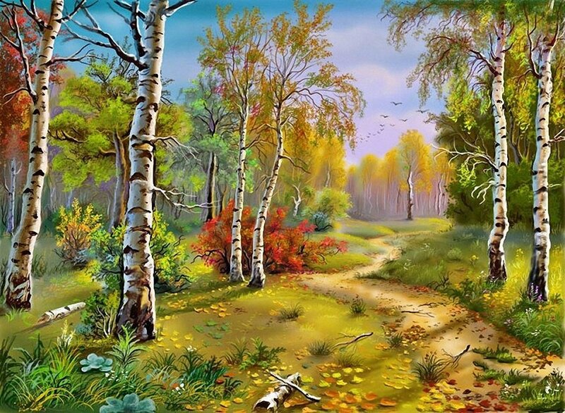 Birch Forest Path — Green, Serene, Autumn, Painting, Trees