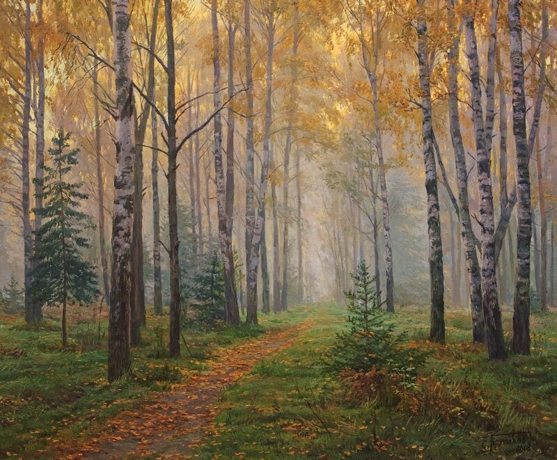 Birch Forest Path — Green, Serene, Autumn