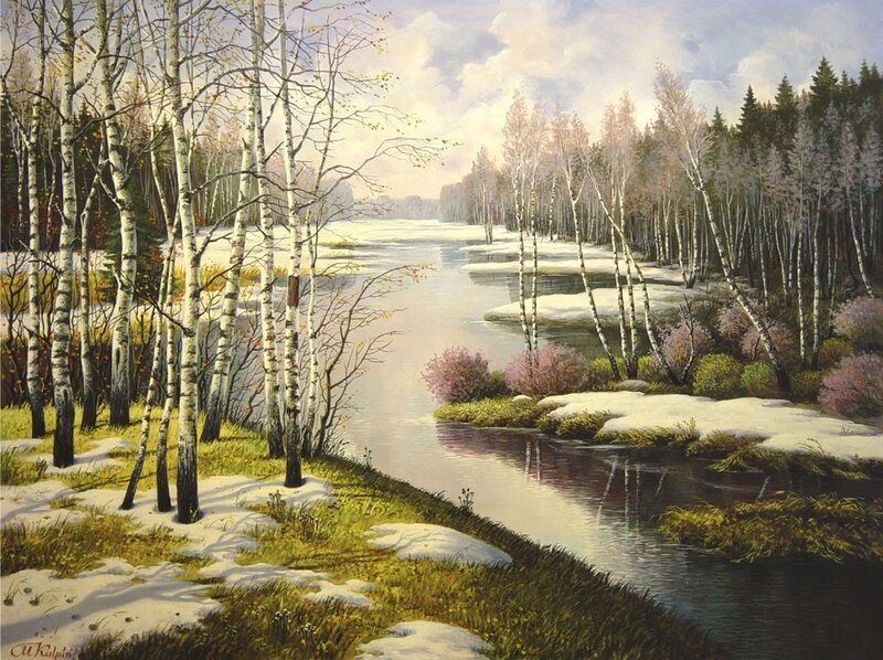 Birch forest river landscape
