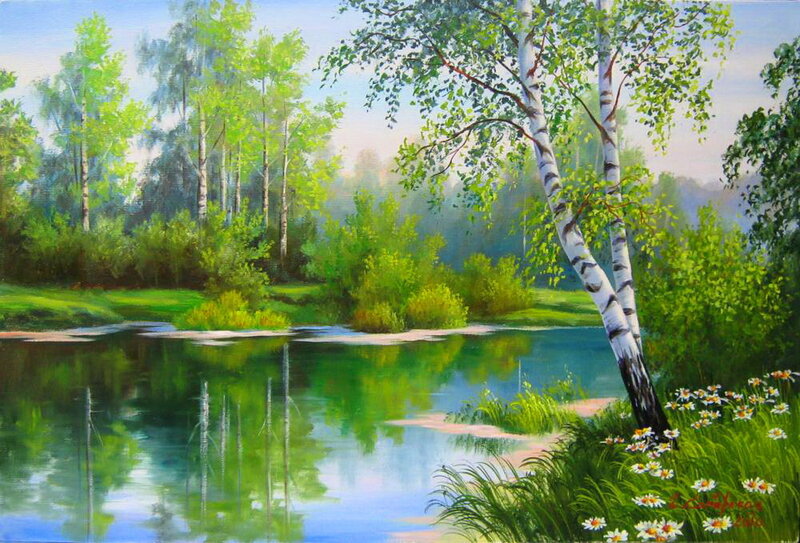 Birch Tree by Pond