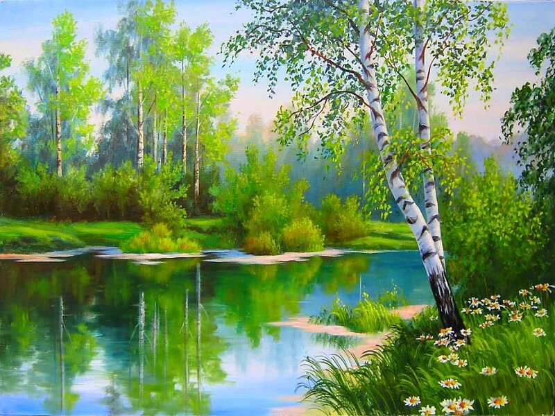 Birch Trees by a Pond — Green, Serene, Morning