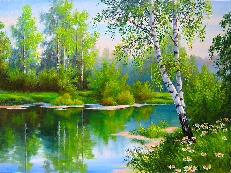 Birch Trees by a Pond — Green