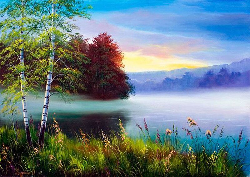 Birch Trees by Lake — Blue