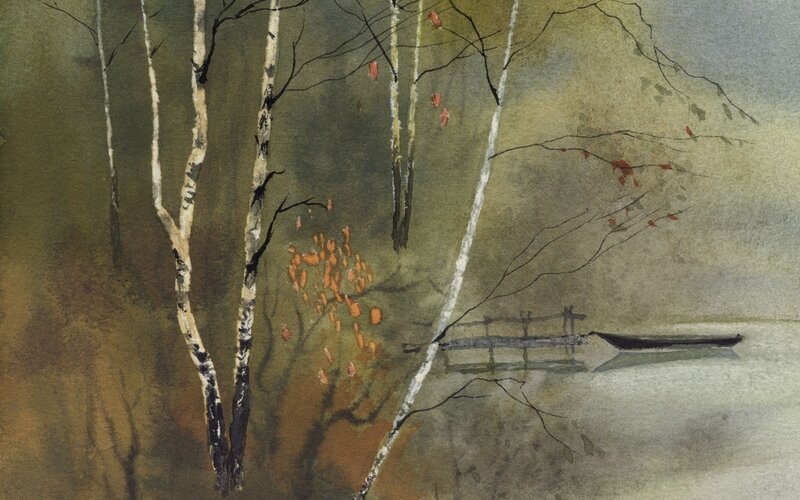 Birch Trees by Lake — Green, Serene, Autumn, Painting
