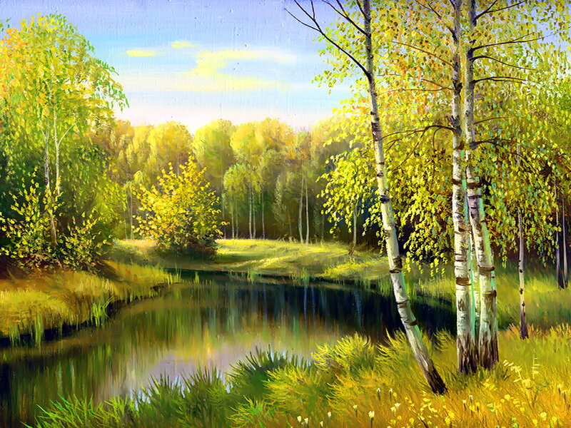 Birch Trees by Pond — Green, Serene, Afternoon