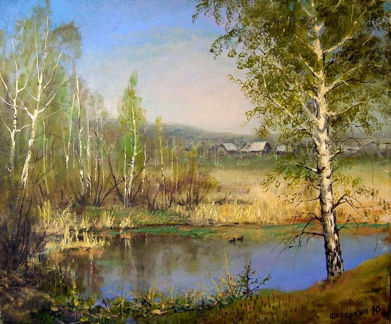Birch Trees by Pond — Green, Serene