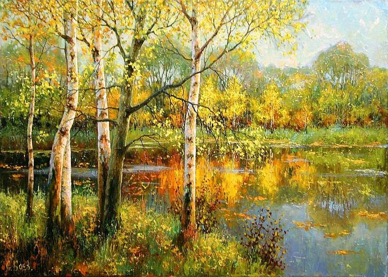Birch Trees by Pond — Yellow