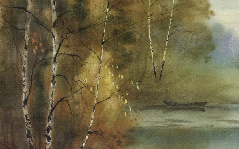 Birch Trees by River — Brown