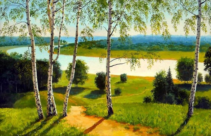Birch Trees by River — Green