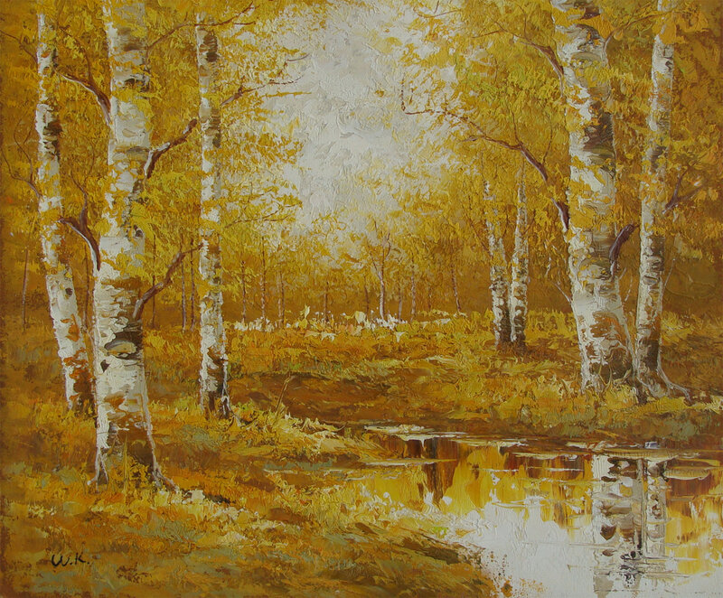 Birch Trees in Autumn — Yellow, Serene, Painting