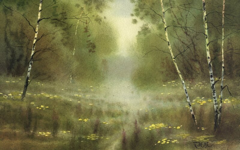 Birch Trees in Fog — Green, Misty, Morning, Painting